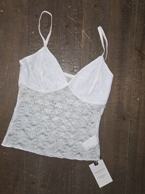 NWT PinkMStyle White Lace Cami Tank Top XS | Sheer Floral Lace Y2K Coquette